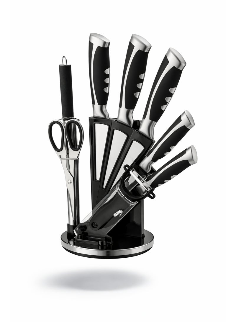 ديسيني طقم سكاكين مطبخ 9 قطع مع حامل أكريليك – سكين شيف، ساطور، سكين تقطيع، سكين متعددة الاستخدام، سكين تقشير، مقص، مسنّ، ومقشرة - Image 1